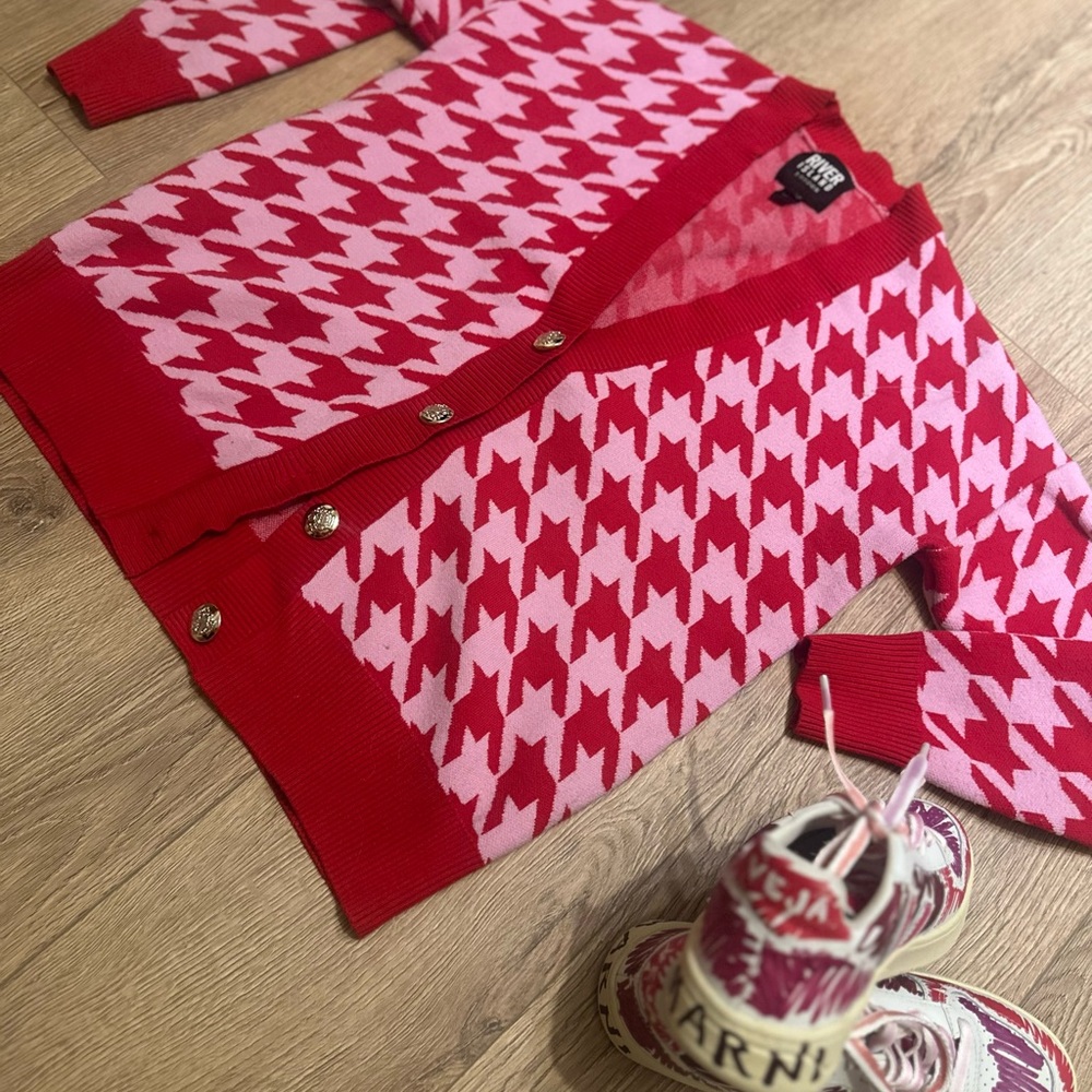 River Island Red and Pink Houndstooth Cardigan